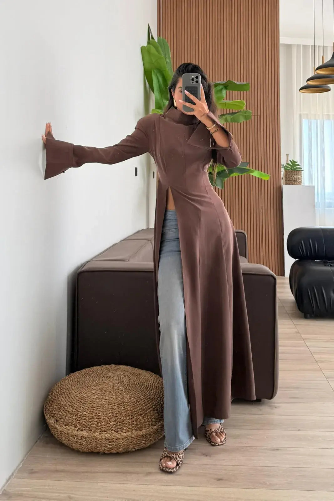 بلوزة ربط طويلة بني