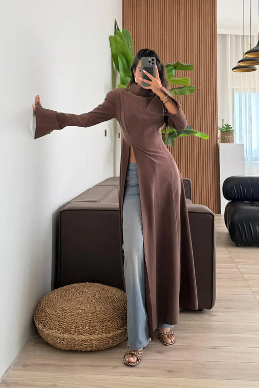 بلوزة ربط طويلة بني