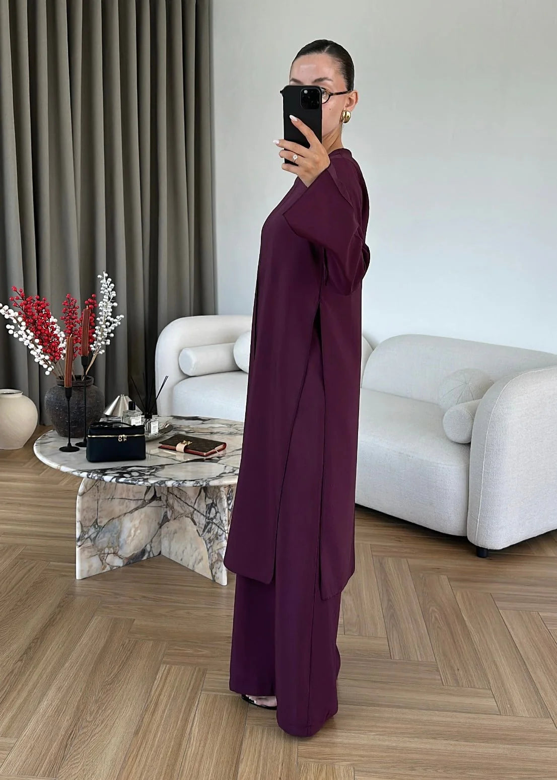طقم بلوزة طويلة مع بنطلون خمري