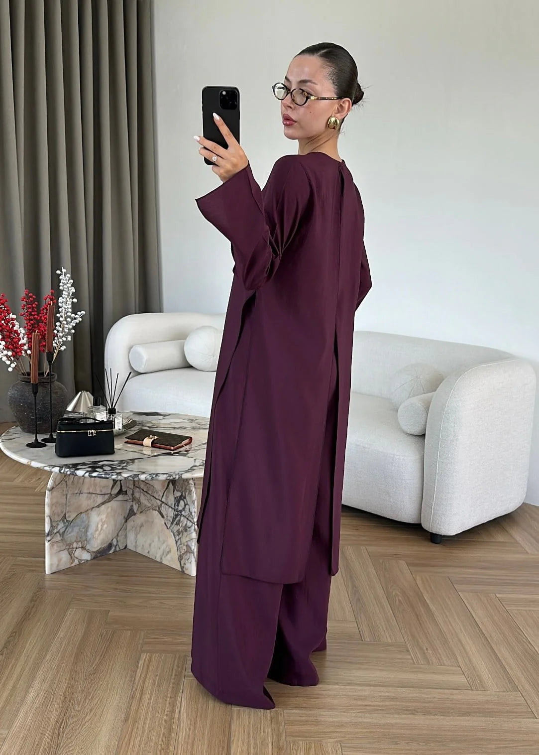طقم بلوزة طويلة مع بنطلون خمري