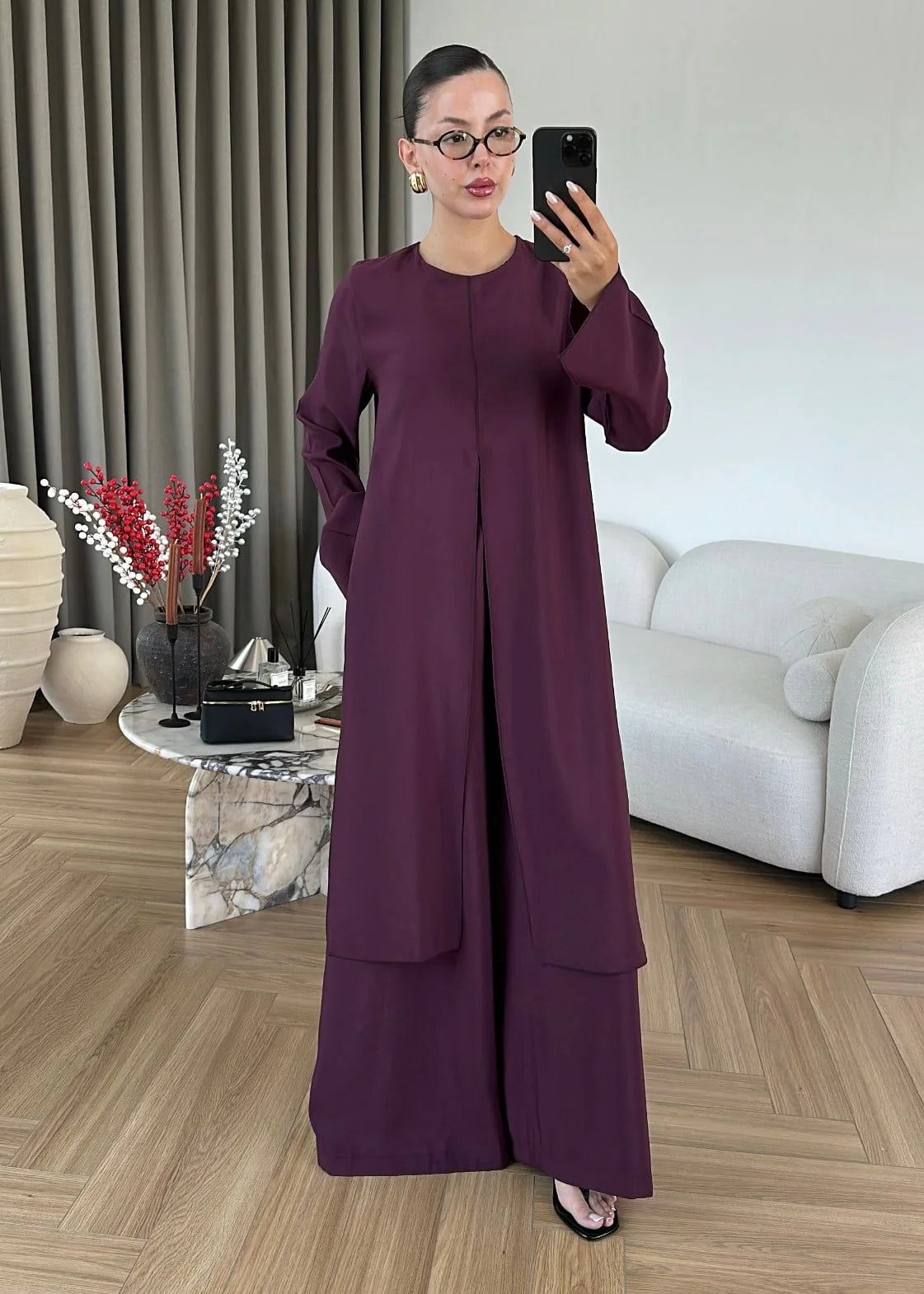 طقم بلوزة طويلة مع بنطلون خمري