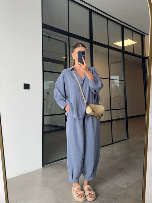 طقم قميص مع بنطلون سكني مزرق