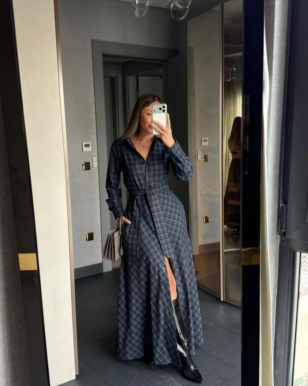 فستان كاروهات كحلي و رمادي