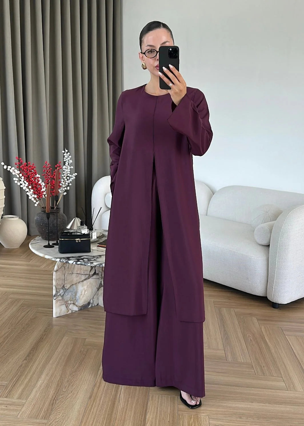 طقم بلوزة طويلة مع بنطلون خمري