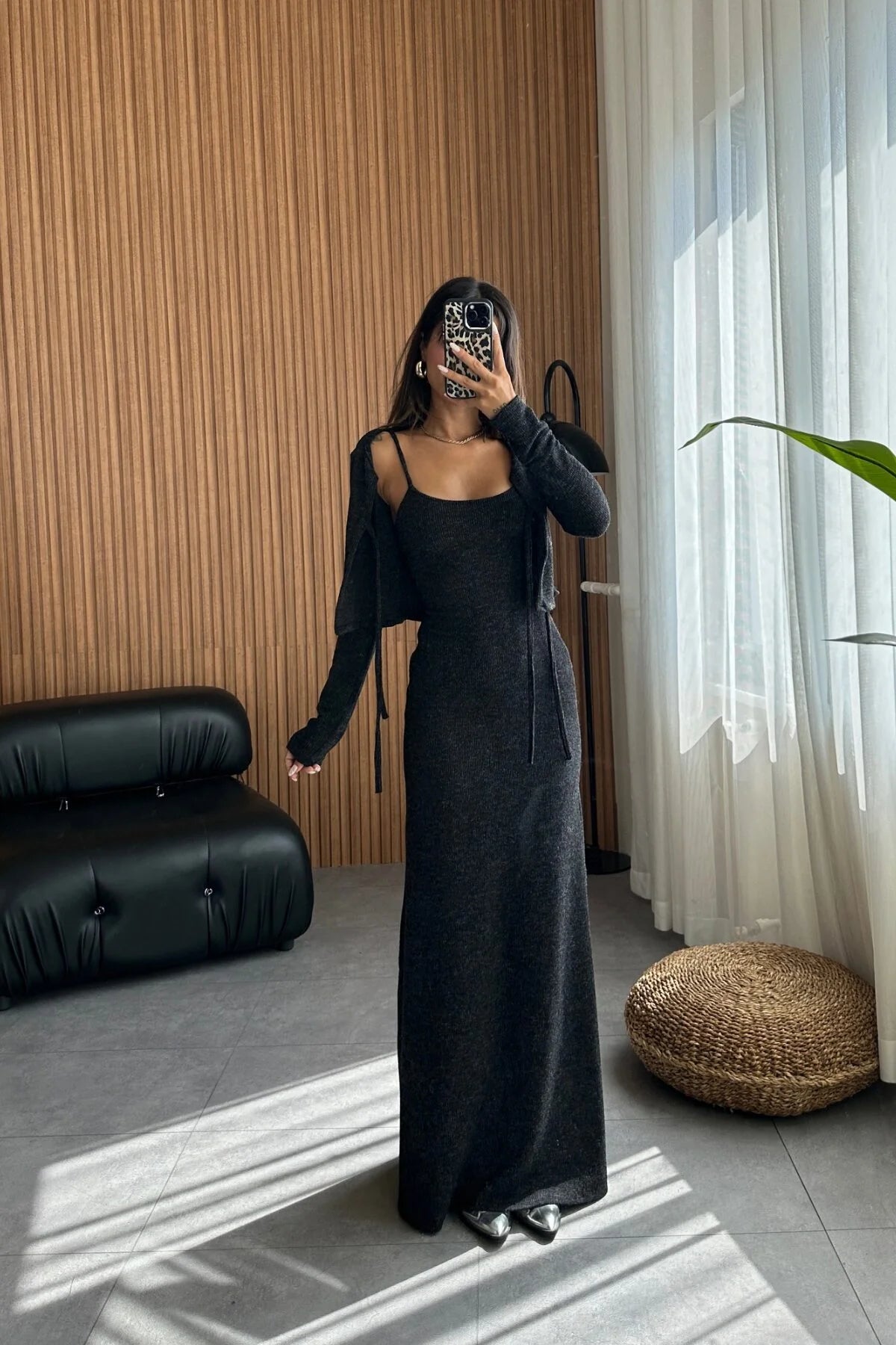 فستان مع جرزة رمادي